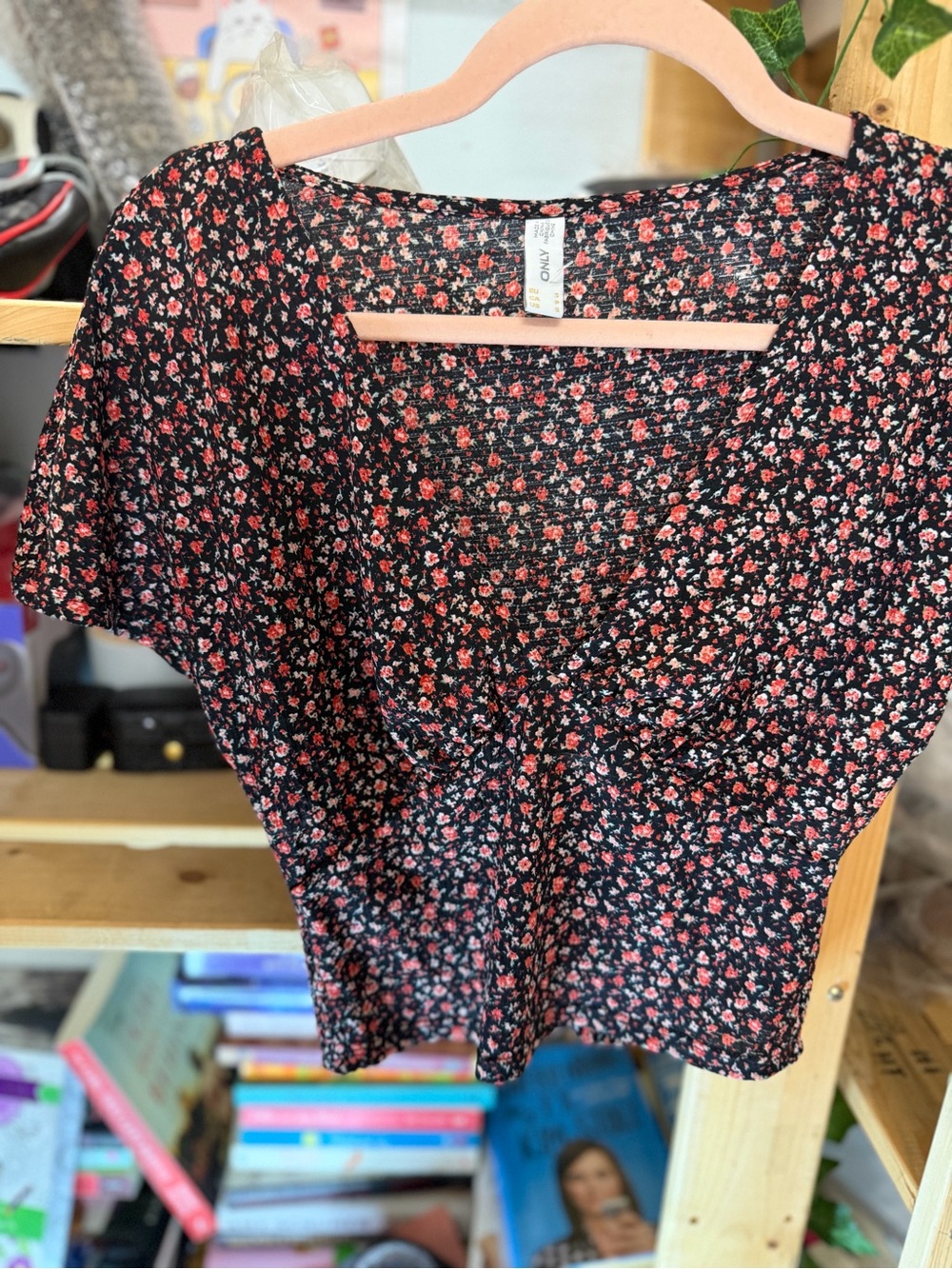Only Black Floral Cropped V-Neck Top with Pink Accents